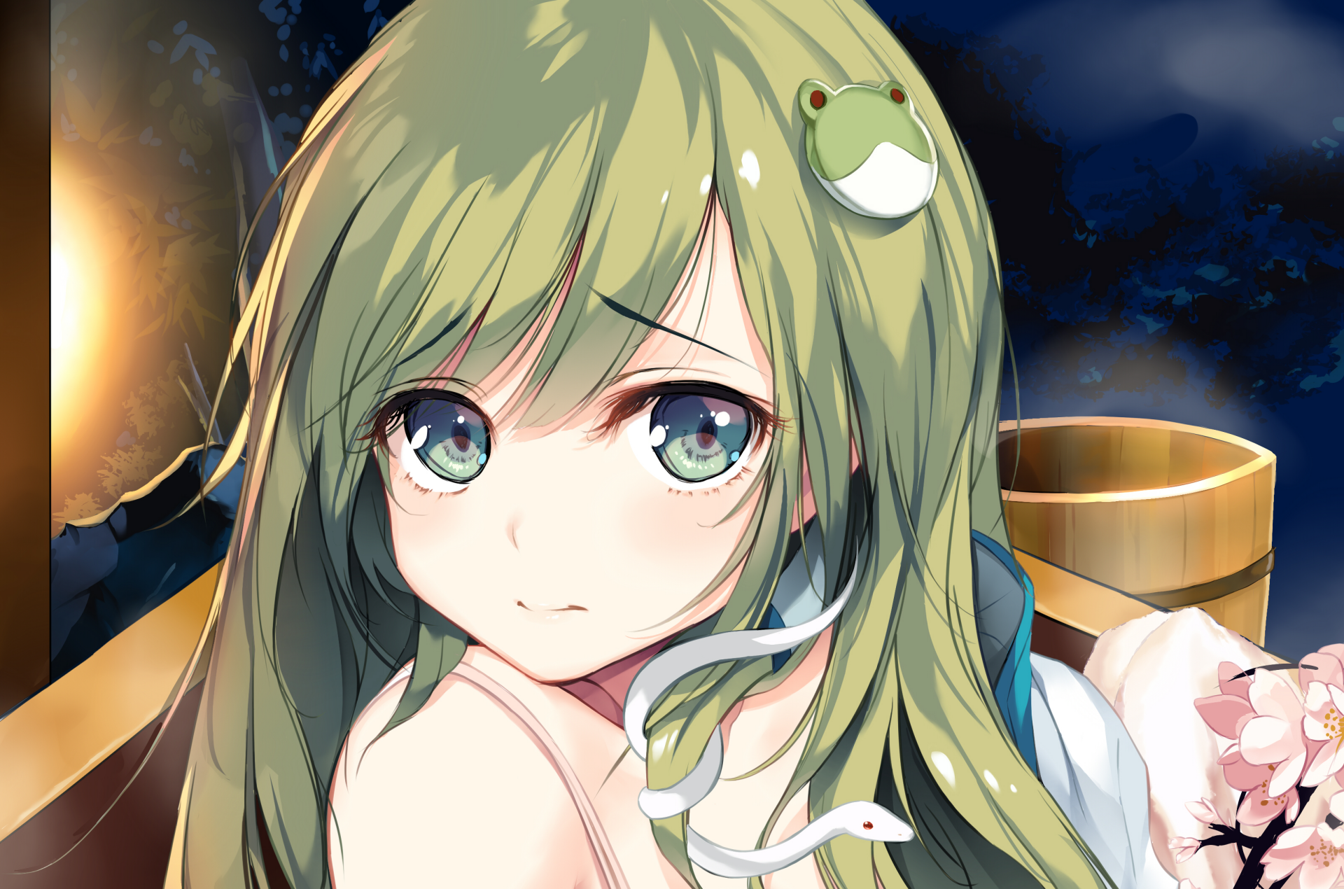 HD anime desktop wallpaper featuring Sanae Kochiya from Touhou, showcasing her with green hair, a gentle expression, and vibrant, detailed artwork.