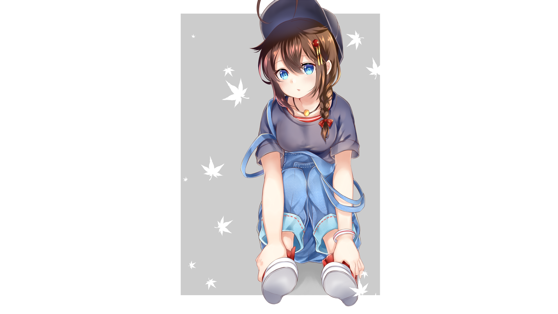 HD PC desktop wallpaper featuring Shigure from Kantai Collection (Kancolle) in anime style, wearing casual clothes and a cap, with a simple gray background and white leaves.