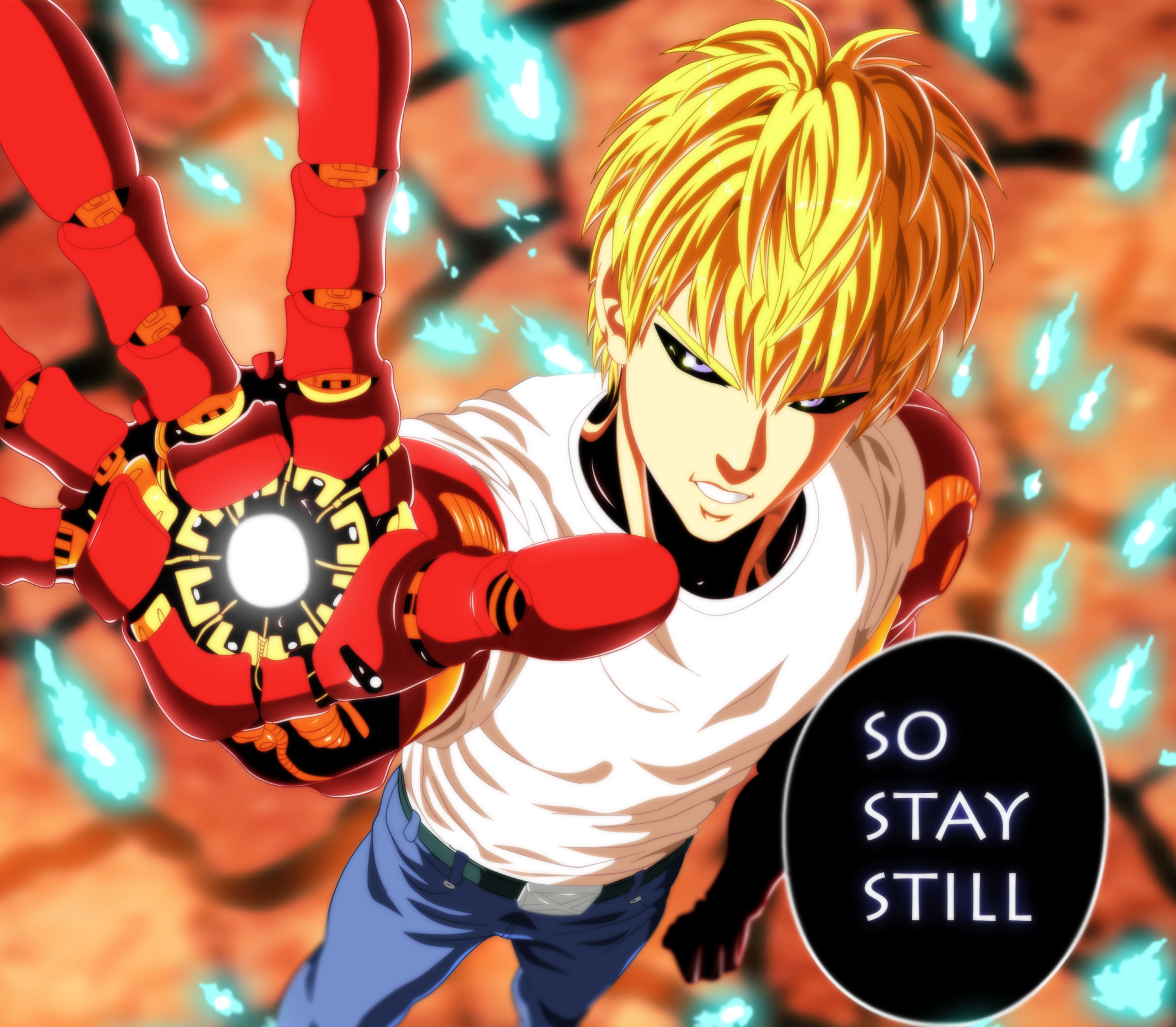 HD anime wallpaper featuring Genos from One-Punch Man, showcasing his mechanical arm glowing with energy against a vibrant, fiery background.