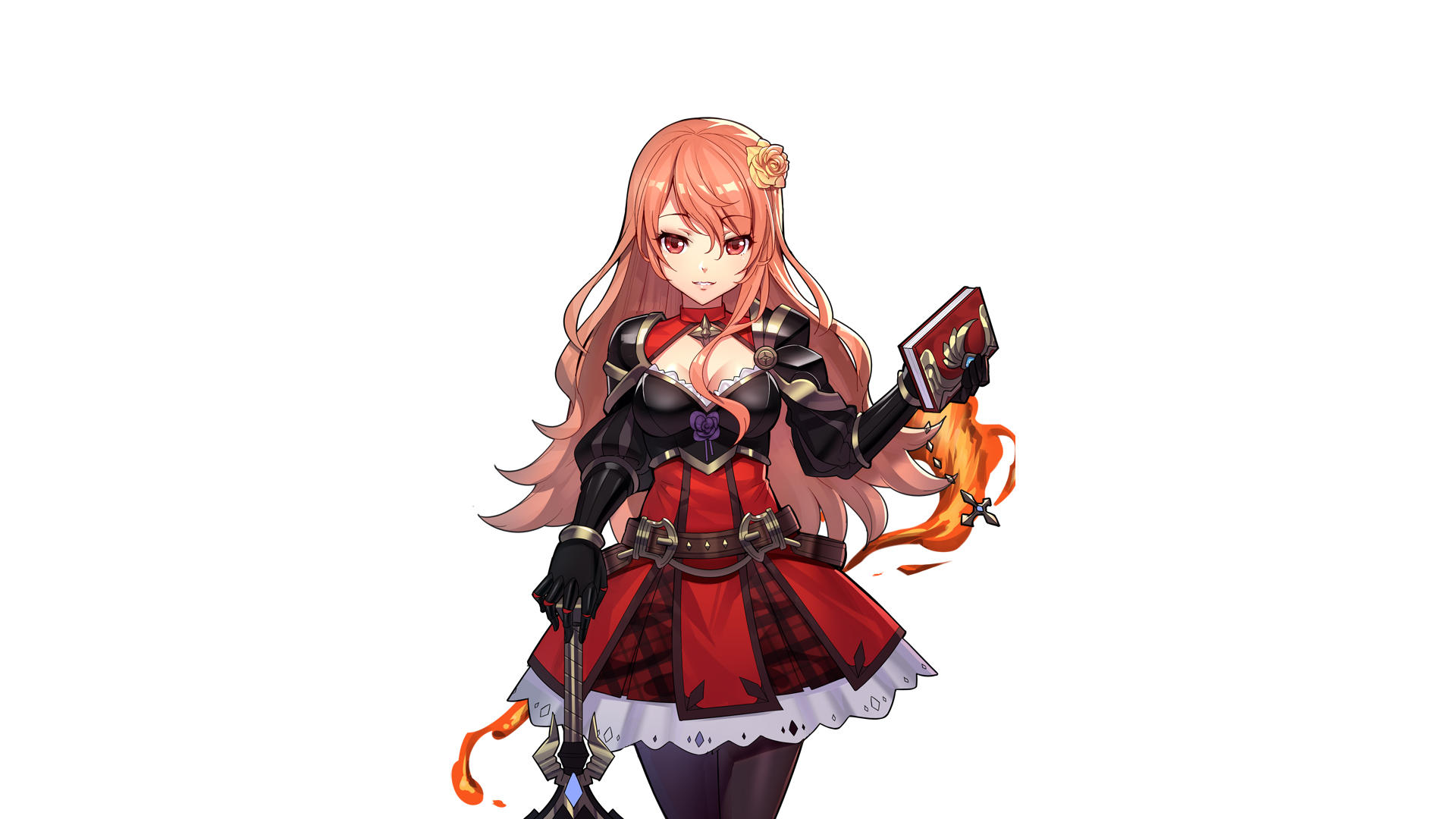 HD anime original artwork featuring a red-haired female character in a detailed black and red outfit, holding a book and a flaming sword, designed as a PC desktop wallpaper.