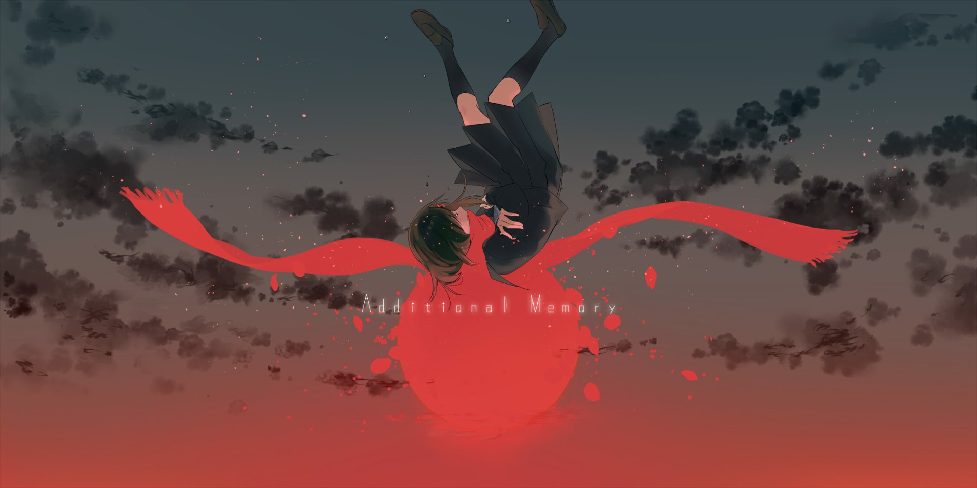HD PC desktop wallpaper: Ayano Tateyama (Kagerou Project) floats upside-down above a glowing red sun, her long red scarf streaming like wings against a dusky, clouded sky.