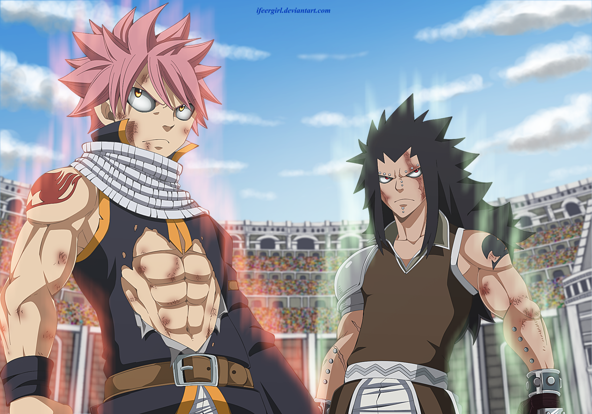 HD PC desktop wallpaper: Fairy Tail anime — Natsu Dragneel and Gajeel Redfox stand battle-ready in a sunlit stadium.