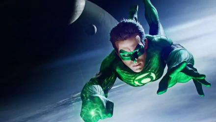 HD PC desktop wallpaper background — Green Lantern (movie) flies through space, glowing green ring and energy constructs, with planets and dramatic lighting.