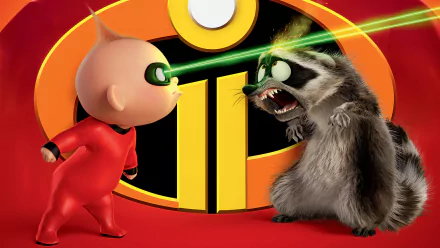 HD PC desktop wallpaper from the Incredibles 2 movie: baby Jack-Jack Parr fires green laser eyes at a snarling raccoon in front of the Incredibles emblem.