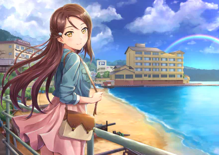 HD PC desktop wallpaper of Riko Sakurauchi (Love Live! Sunshine!!) — anime portrait at a sunny seaside with beach, buildings, rainbow and blue sky.