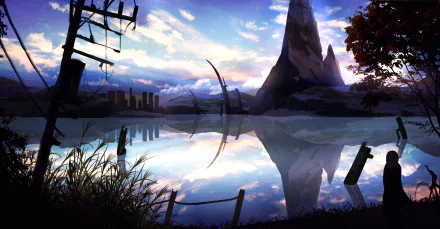 HD desktop wallpaper featuring an anime-style original depiction of a serene lake at sunset, with reflections of a mountain, sky, and scattered structures adding a tranquil ambiance to the scene.