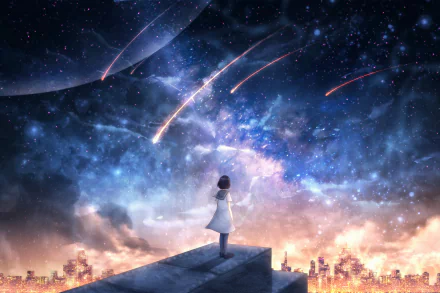 Anime girl with short black hair stands on a rooftop overlooking a glowing city beneath a night sky filled with stars and shooting stars in this HD PC desktop wallpaper.