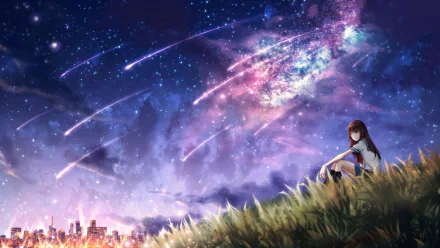 Anime-style HD desktop wallpaper of a long-haired brown-haired girl sitting on grass under a vibrant starry night sky with shooting stars and a glowing cityscape.