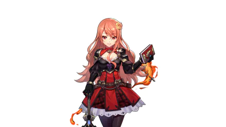 HD anime original artwork featuring a red-haired female character in a detailed black and red outfit, holding a book and a flaming sword, designed as a PC desktop wallpaper.