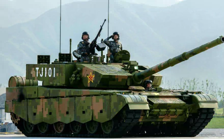 HD PC desktop wallpaper: Chinese Type 99 main battle tank in camouflage with crew and PLA star insignia, mountains in the background.