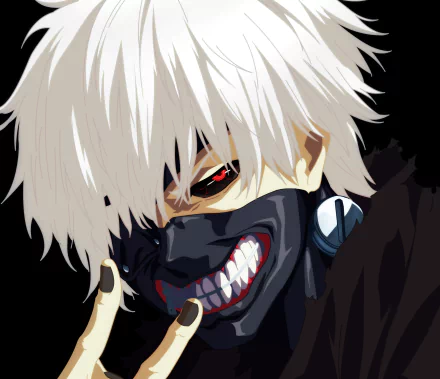 Close-up of Ken Kaneki from Tokyo Ghoul with white hair, red eyes, and a black mask revealing sharp teeth, captured in vivid anime style for an HD desktop wallpaper.