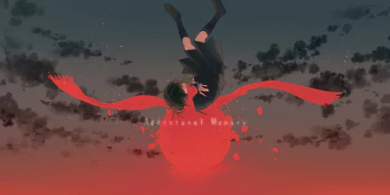 HD PC desktop wallpaper: Ayano Tateyama (Kagerou Project) floats upside-down above a glowing red sun, her long red scarf streaming like wings against a dusky, clouded sky.