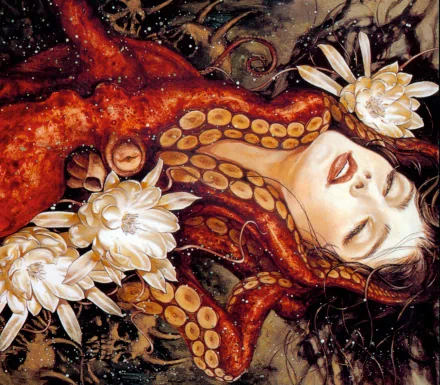 A captivating HD fantasy wallpaper featuring a woman surrounded by an intricate octopus and blooming water lilies, creating a mystical underwater atmosphere.