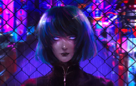 A cyberpunk-themed HD desktop wallpaper featuring a character with glowing red eyes and blue hair against a neon-lit backdrop.