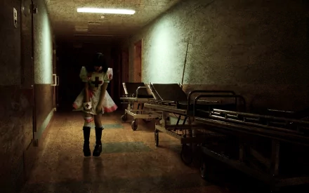 A dark, eerie hospital hallway with an unsettling atmosphere. A child dressed as a nurse with a blood-stained outfit stands under a dim light. Abandoned hospital beds line the corridor. HD horror wallpaper.