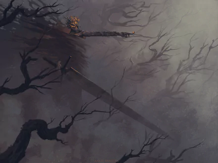 HD desktop wallpaper of a fantasy warrior in a foggy forest, holding a sword with intricate designs, surrounded by bare, twisted trees.