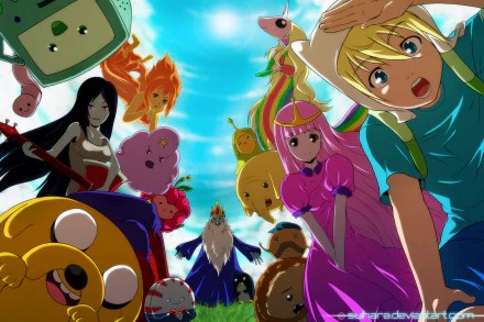 HD desktop wallpaper featuring BMO, Princess Bubblegum, Marceline, Ice King, Jake, and Finn from the TV show Adventure Time, set against a bright, vibrant sky.