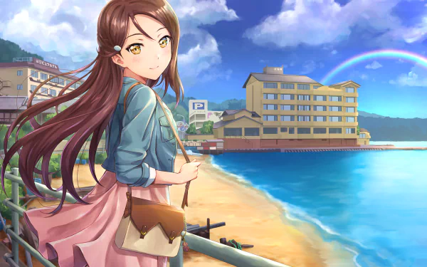 HD PC desktop wallpaper of Riko Sakurauchi (Love Live! Sunshine!!) — anime portrait at a sunny seaside with beach, buildings, rainbow and blue sky.