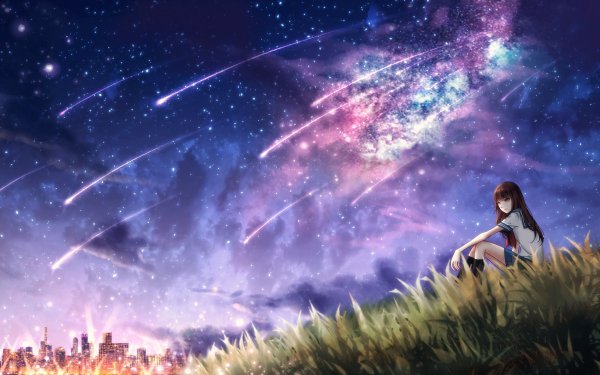 Anime Original Grass Starry Sky Long Hair Brown Hair HD Wallpaper | Background Image