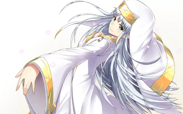 HD anime desktop wallpaper featuring Index Librorum Prohibitorum from A Certain Magical Index with flowing silver hair and white, gold-trimmed robes against a white background.