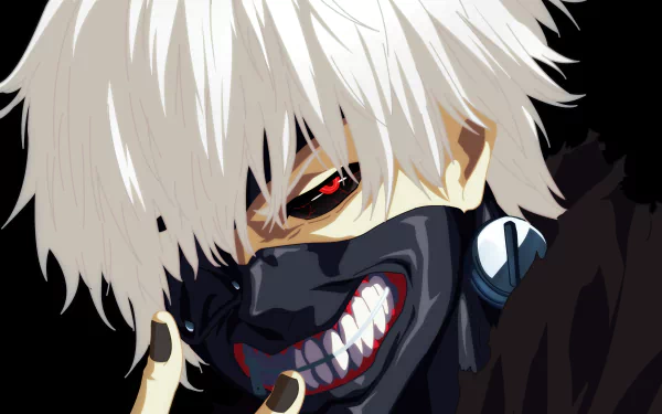 Close-up of Ken Kaneki from Tokyo Ghoul with white hair, red eyes, and a black mask revealing sharp teeth, captured in vivid anime style for an HD desktop wallpaper.