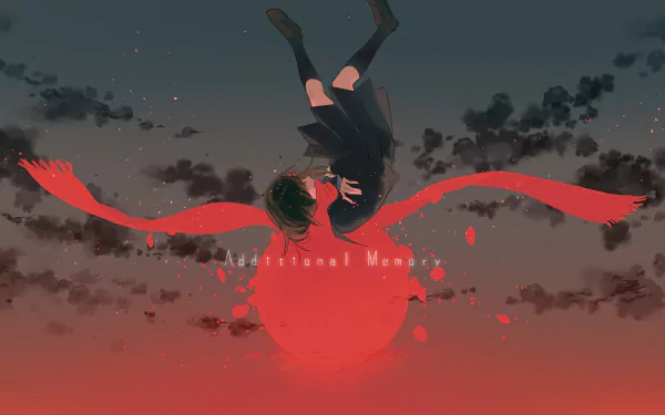 HD PC desktop wallpaper: Ayano Tateyama (Kagerou Project) floats upside-down above a glowing red sun, her long red scarf streaming like wings against a dusky, clouded sky.
