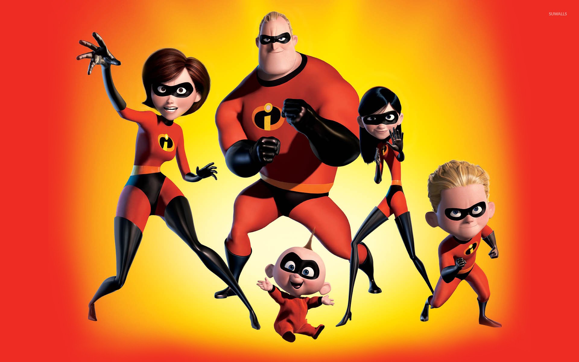 The Incredibles family from the movie: Bob Parr (Mr. Incredible), Helen Parr (Elastigirl), Violet, Dash and baby Jack-Jack in red supersuits, striking poses on a glowing orange background — HD PC desktop wallpaper.