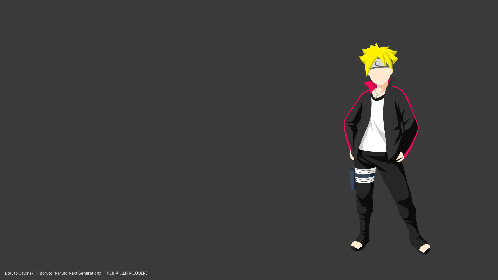 Minimalist anime 8K Ultra HD PC desktop wallpaper of blonde Boruto Uzumaki standing against a dark gray background, hands in pockets, casual jacket and headband.