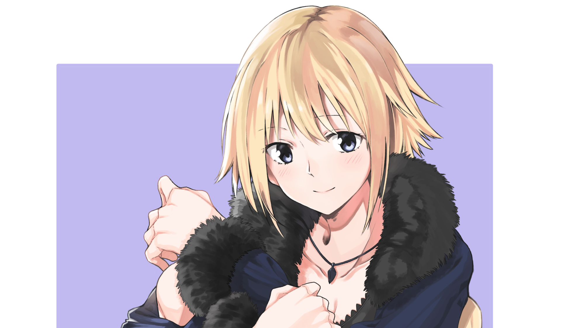 HD PC desktop wallpaper featuring Jeanne d'Arc from the Fate Series, Fate/Grand Order, depicted in anime style with a confident expression and a fur-lined cloak.