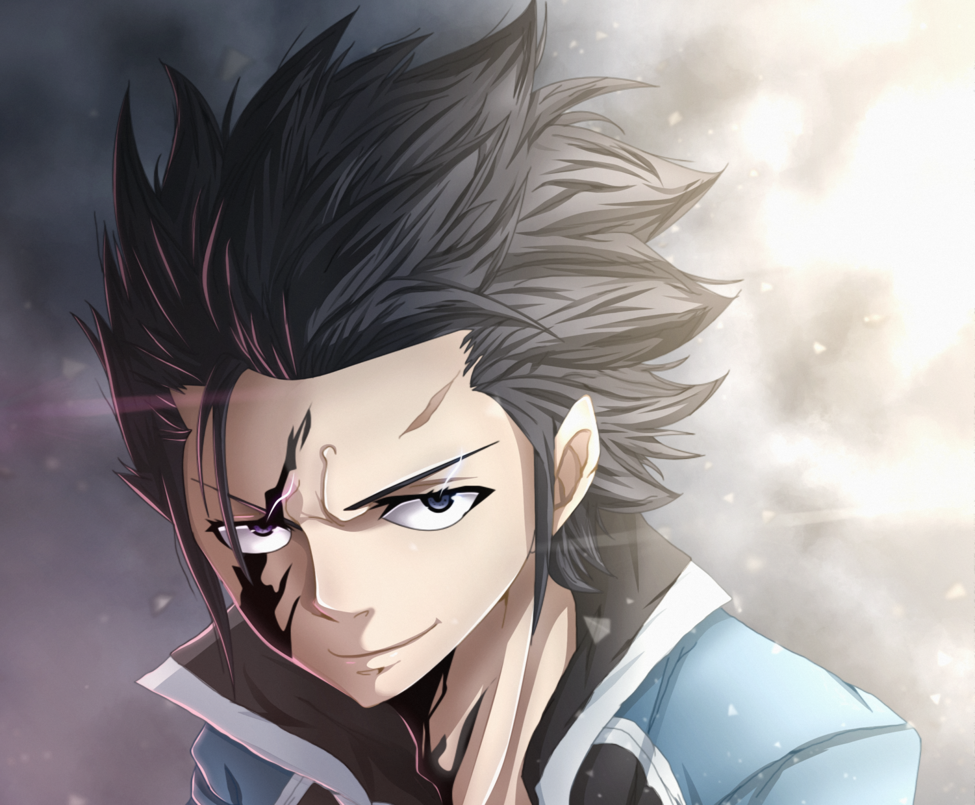 HD anime wallpaper featuring Gray Fullbuster from Fairy Tail, showcasing his intense expression and distinctive spiky hair against a light, cloudy background.