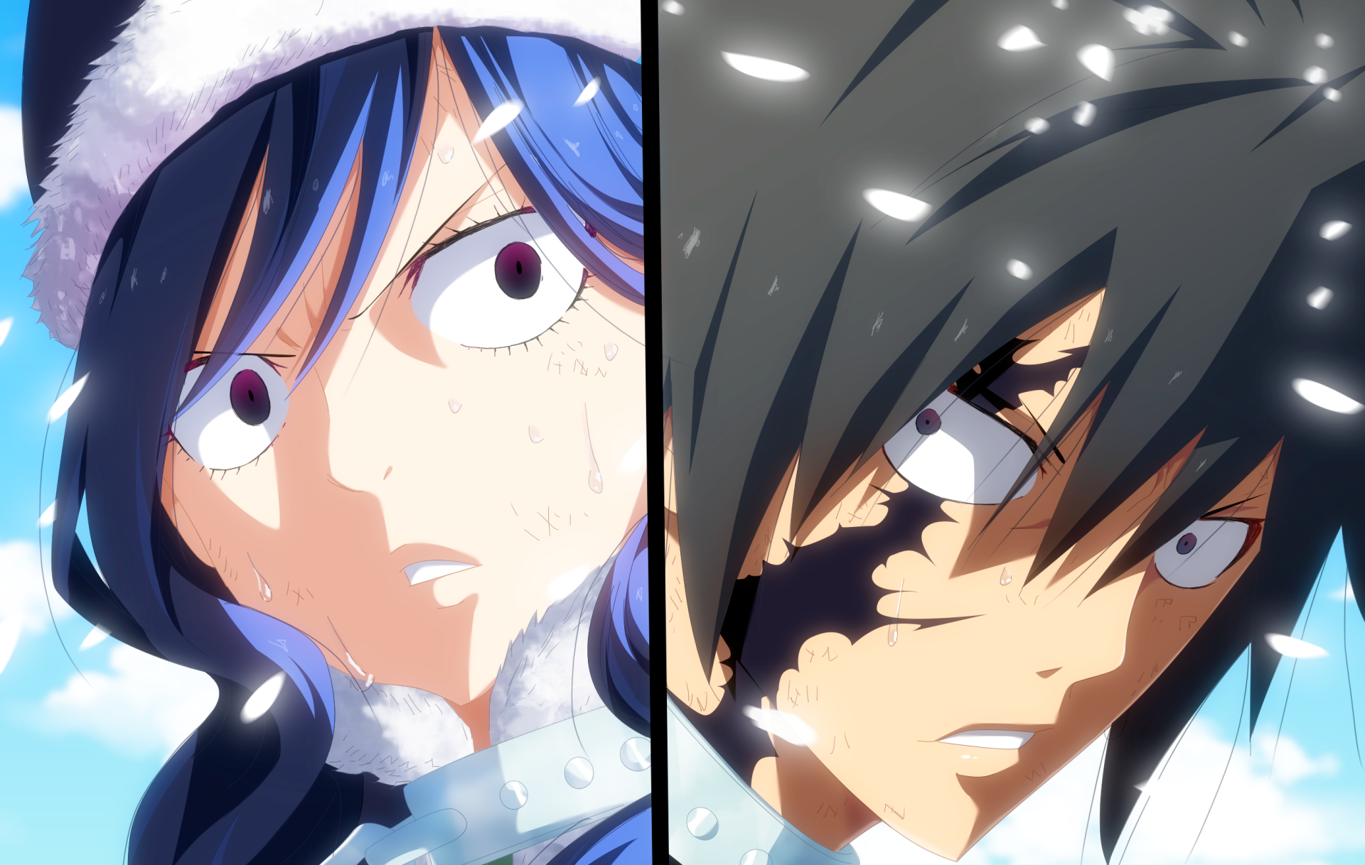 Split-screen 2K Quad HD PC desktop wallpaper of Fairy Tail: close-up of Juvia Lockser in a winter hat and Gray Fullbuster with icy markings and falling snow.