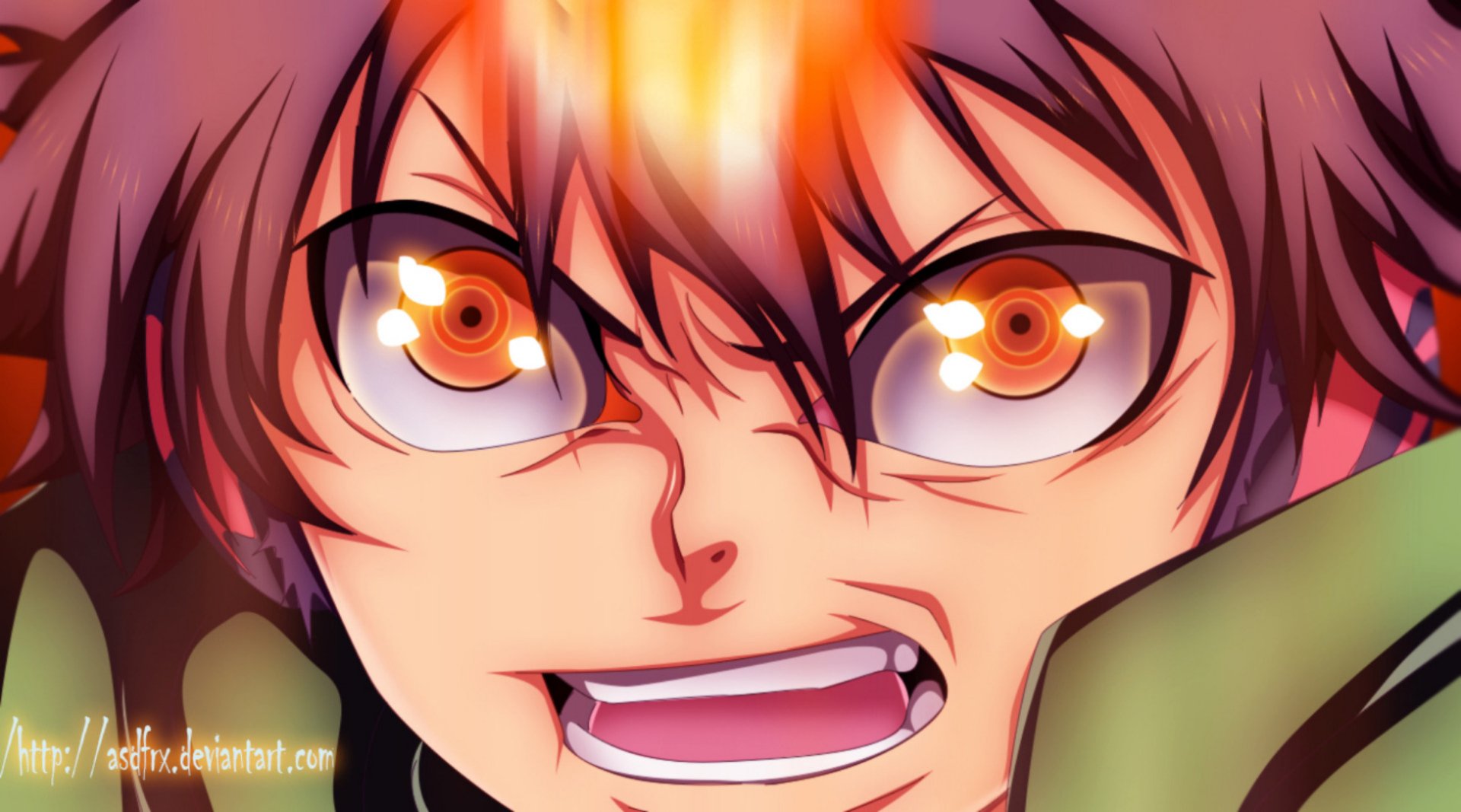 Close-up of Tsunayoshi Sawada from Katekyō Hitman Reborn! with blazing orange eyes and a fierce grimace — HD PC desktop wallpaper/background.