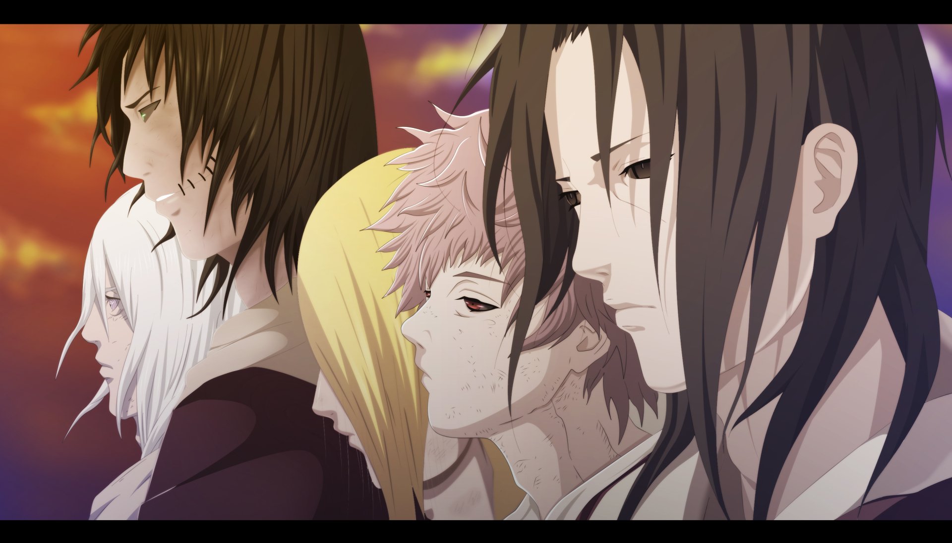 HD PC desktop wallpaper featuring Naruto characters Nagato, Kakuzu, Deidara, Sasori, and Itachi Uchiha in a side-profile lineup with a warm, colorful background.