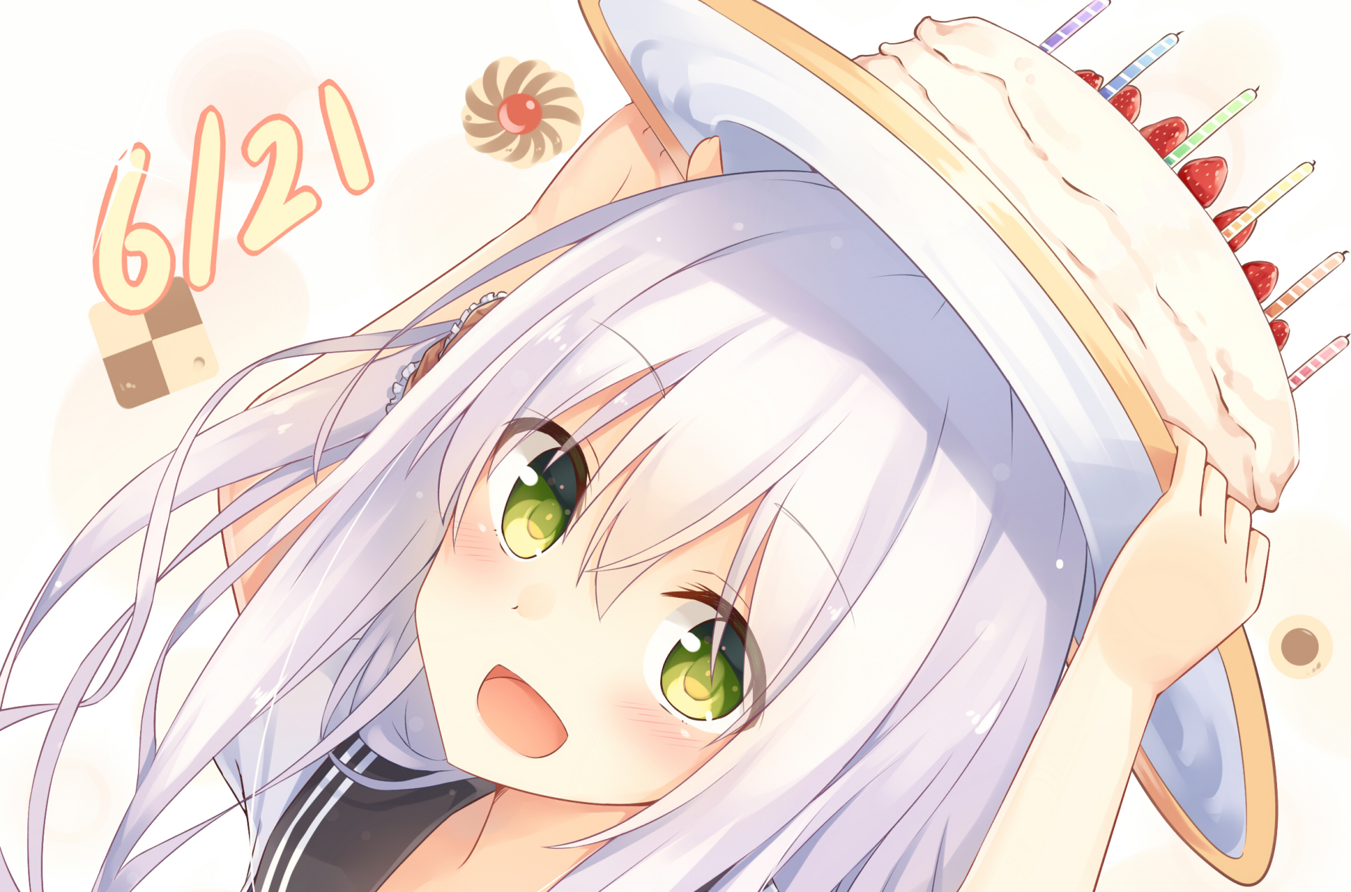 HD anime original artwork features a cheerful character with white hair and green eyes holding a cake hat, set as a vibrant PC desktop wallpaper background.