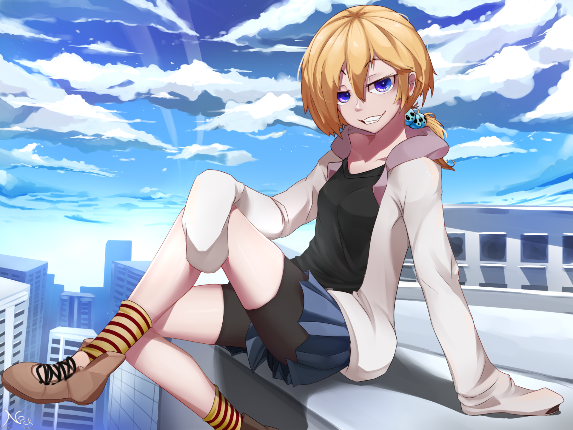 Anime-style HD desktop wallpaper featuring a blonde ponytailed character with purple eyes, sitting confidently on a rooftop against a bright, cloudy blue sky.