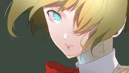HD PC desktop wallpaper featuring Aigis from the video game Persona 3, highlighting her focused expression and detailed design against a dark background.