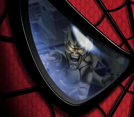 HD PC desktop wallpaper featuring the Green Goblin from the Spider-Man movie, reflected menacingly in Spider-Man’s mask.