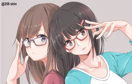 HD anime desktop wallpaper featuring two original female characters wearing glasses, posing closely against a soft, neutral background.