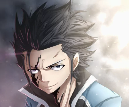 HD anime wallpaper featuring Gray Fullbuster from Fairy Tail, showcasing his intense expression and distinctive spiky hair against a light, cloudy background.