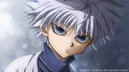 HD desktop wallpaper featuring Killua Zoldyck from Hunter x Hunter, showcasing a fierce expression. The image captures his intense gaze and spiky white hair, highlighted against a abstract background.