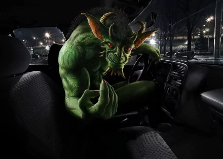 HD desktop wallpaper featuring a menacing green demon creature inside a car, with a dark and eerie nighttime cityscape visible through the windows.