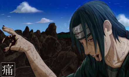 HD PC desktop wallpaper featuring Itachi Uchiha from Naruto, set against a rocky landscape under a clear blue sky in anime style.
