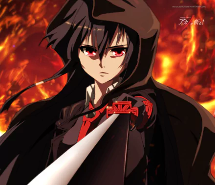 HD anime desktop wallpaper featuring Akame from Akame Ga Kill!, with intense red eyes and a dark cloak against a fiery background.
