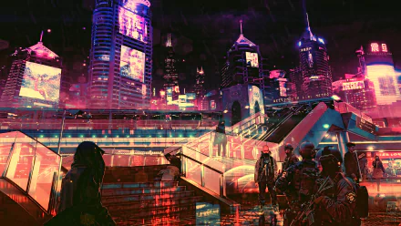 A vibrant cyberpunk cityscape with towering skyscrapers adorned with neon lights, a HD background for a futuristic and sci-fi themed desktop wallpaper.