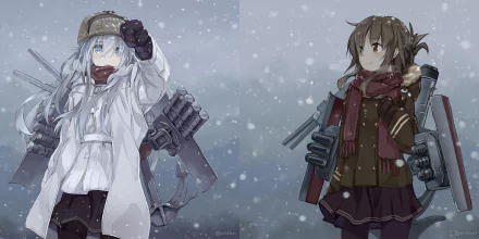 HD anime wallpaper featuring Hibiki and Inazuma from Kantai Collection, both wearing scarves, skirts, and caps with long white and brown hair amid falling snow.