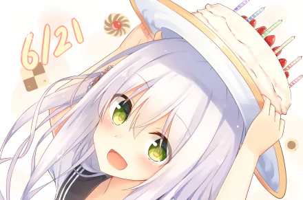 HD anime original artwork features a cheerful character with white hair and green eyes holding a cake hat, set as a vibrant PC desktop wallpaper background.