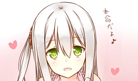 HD anime-style original artwork of a girl with long white hair and green eyes on a soft pink background, designed as a PC desktop wallpaper.