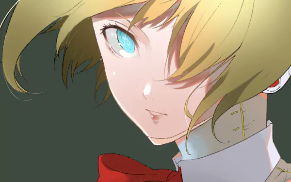 HD PC desktop wallpaper featuring Aigis from the video game Persona 3, highlighting her focused expression and detailed design against a dark background.