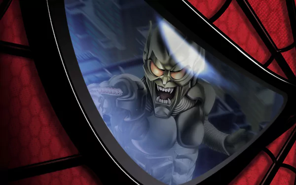HD PC desktop wallpaper featuring the Green Goblin from the Spider-Man movie, reflected menacingly in Spider-Man’s mask.