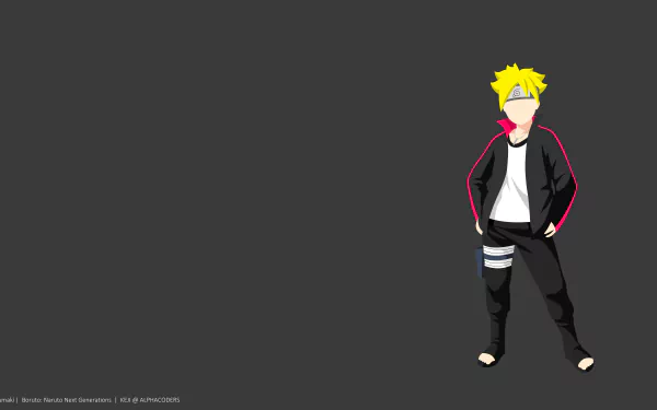 Minimalist anime 8K Ultra HD PC desktop wallpaper of blonde Boruto Uzumaki standing against a dark gray background, hands in pockets, casual jacket and headband.